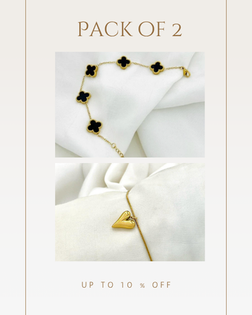 18K Gold Plated Black Clover and Heart Pendant Bracelet Bundle